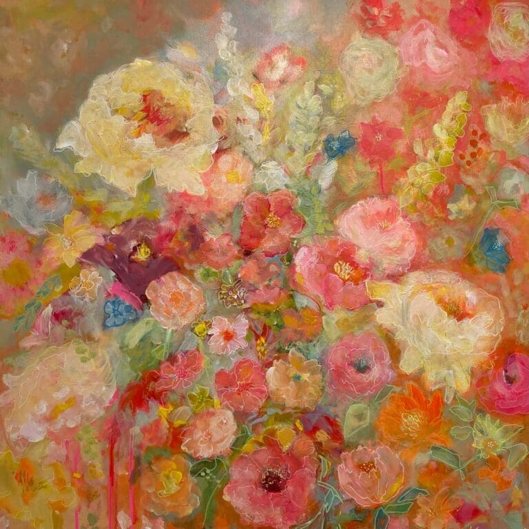 Et fargerikt akrylmaleri i varme, lyse toner, en blomstereng i oransje, gule, og rosa farger med noe innslag av blått, blomster som dekker hele lerretet, der man får en følelse av å stå midt i en blomstereng og være i ett med blomstene.